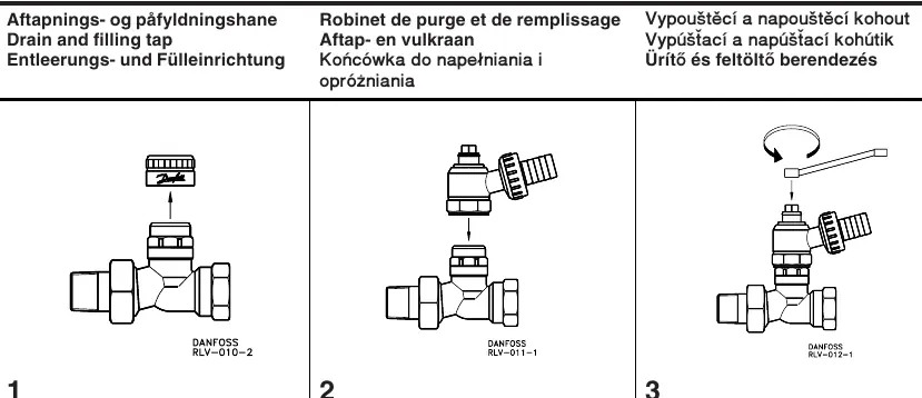 Steps 1-3: Installation and opening the drain and filling tap.