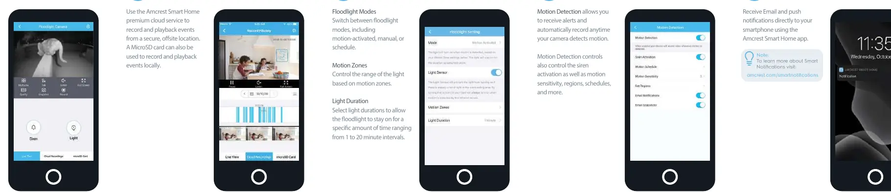 App interface showing deterrent controls, storage options, and floodlight settings.