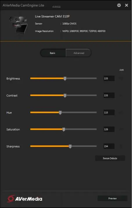 CamEngine Lite Basic settings interface