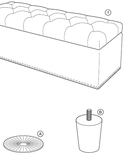 Package contents including bench, washers, and legs.