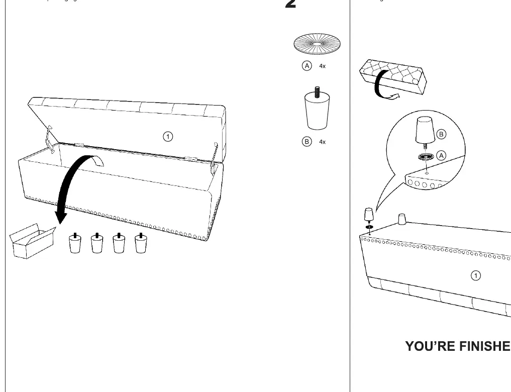 Assembly steps for unpacking and attaching legs.