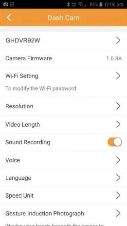 Dash cam settings menu.