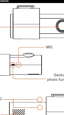 Product structure diagram showing camera, MIC, gesture sensor, LED, and speaker locations.