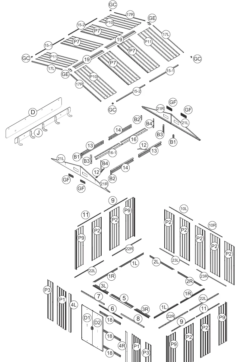 Exploded view of the shed components