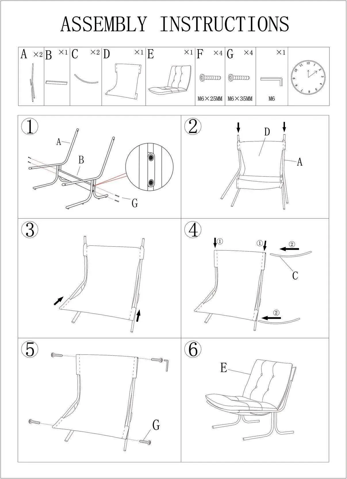 Assembly steps 1 through 6 for the lounge chair