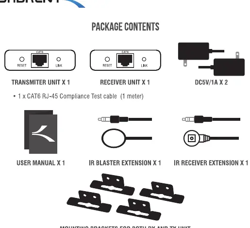 Package contents including TX, RX, power adapters, and IR cables.