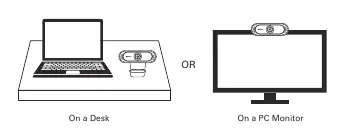 Mounting options: on a desk or on a monitor.