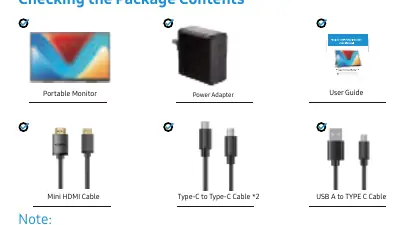 Package contents including monitor, cables, and power adapter.