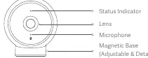 Front view of the camera showing status indicator, lens, microphone, and magnetic base.