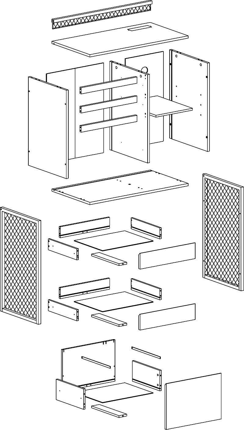 Exploded view of the desk components