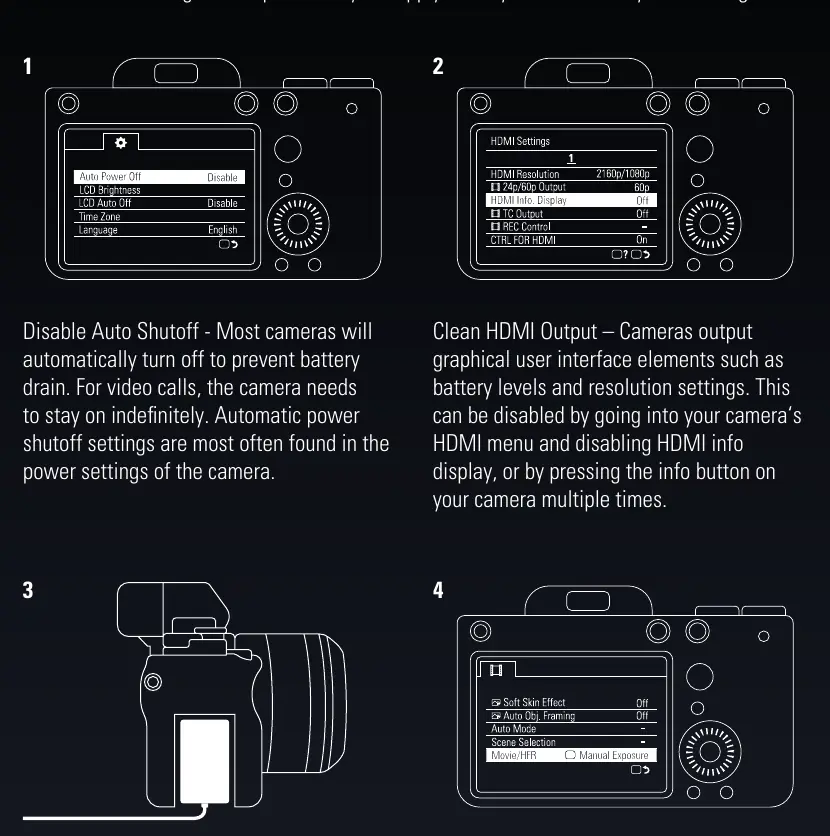 Diagrams showing camera menu settings for Auto Shutoff, HDMI output, and Movie Mode.