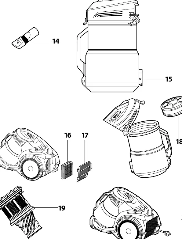 Diagram showing the disassembly of filters and the dust container.