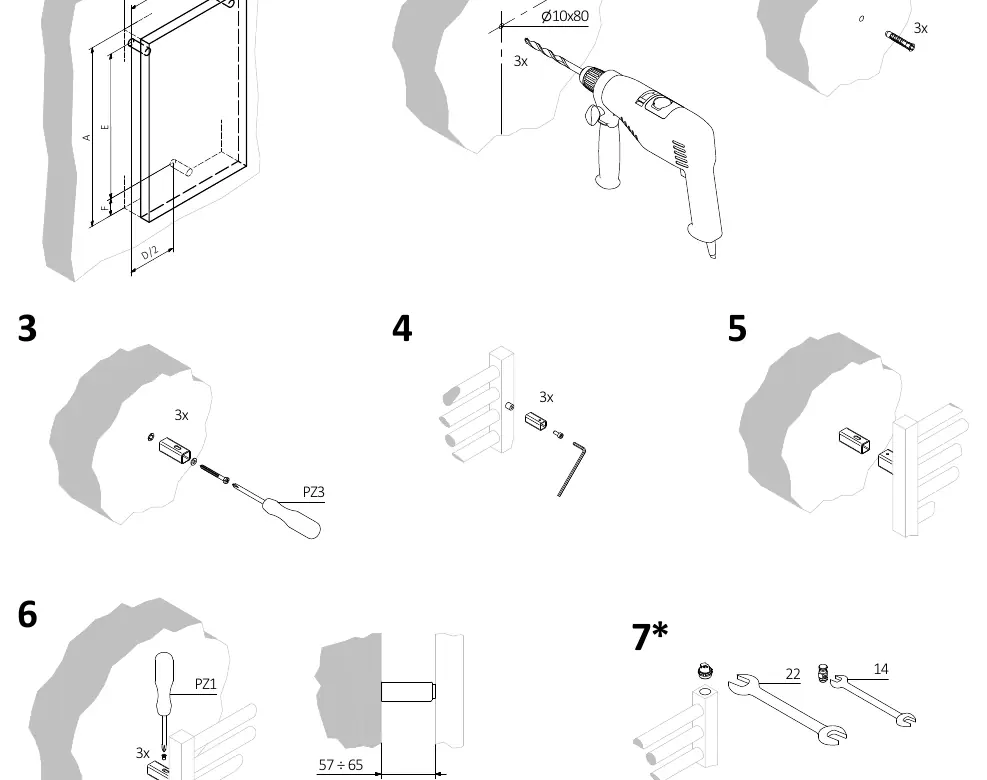 Wall mounting steps 1 through 6