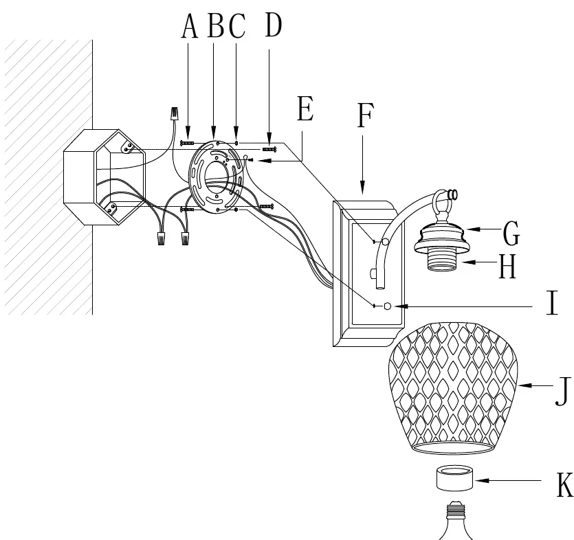 Assembly diagram showing parts A through K