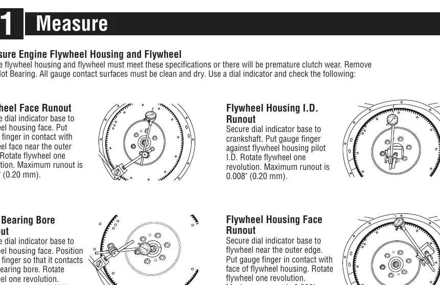 Measuring flywheel and housing runout using a dial indicator.