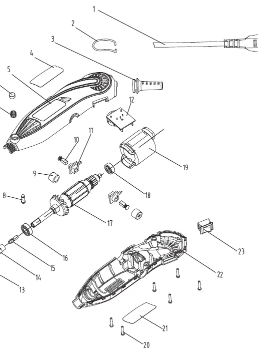 Exploded view of the rotary tool components