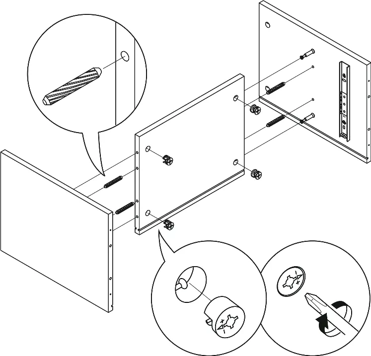 Insert wooden dowels and cam locks into the side panel.