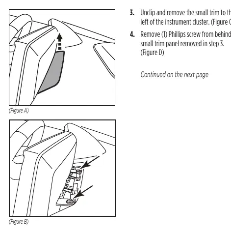 Dash disassembly steps showing trim removal and screw locations.