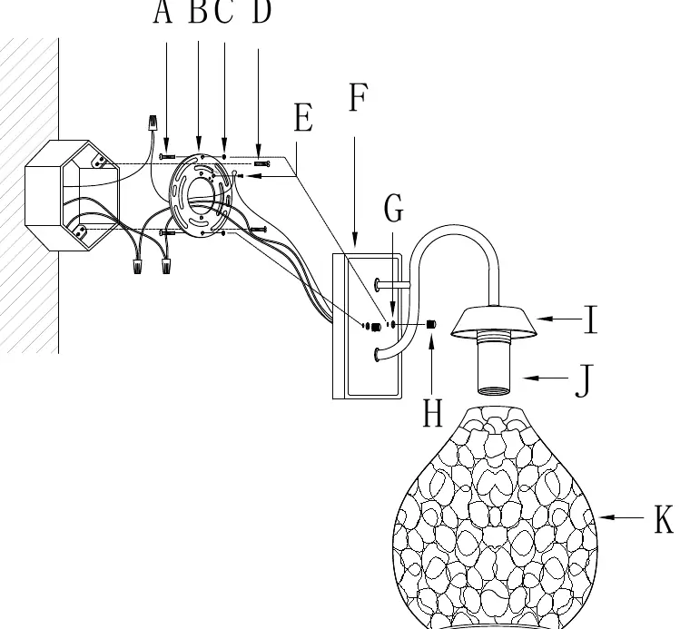Assembly and wiring diagram showing the connection of fixture wires to house wires and the mounting sequence.