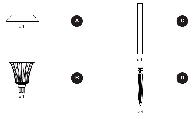 Package contents including solar top housing and stake components.