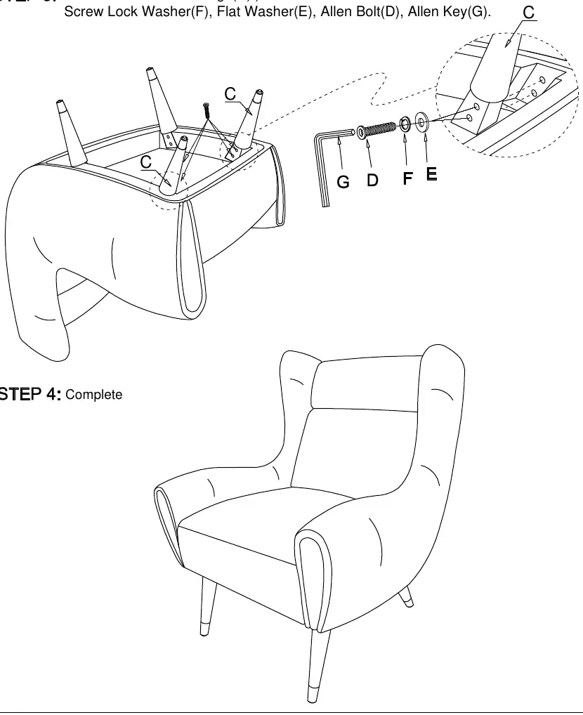 Attaching the front legs to the seat frame.