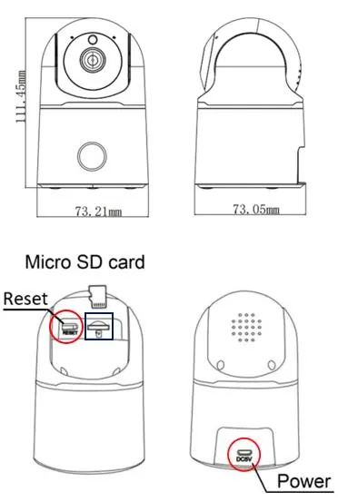 Camera dimensions, reset button, MicroSD slot, and power port location.