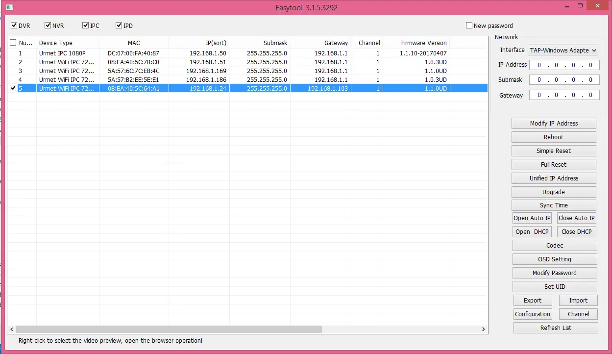 EasyTool software interface for IP discovery