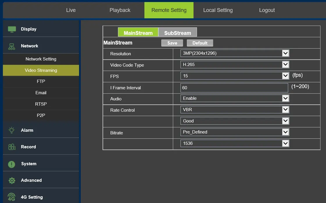 Video stream settings interface