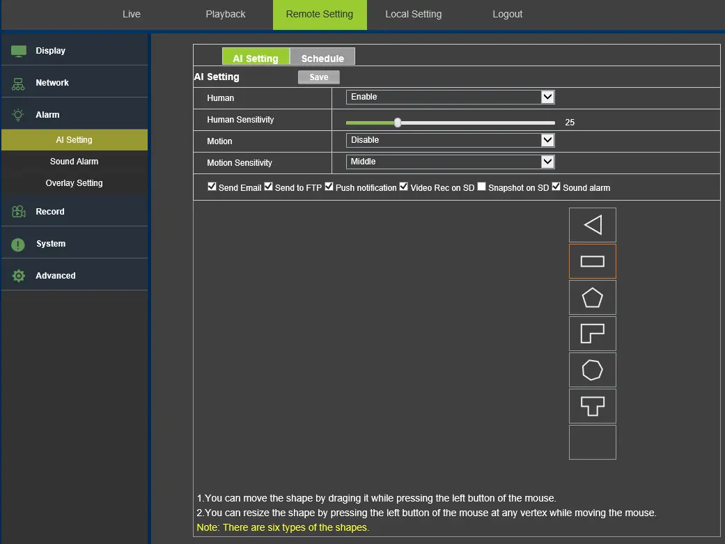 AI setting interface for motion and human detection