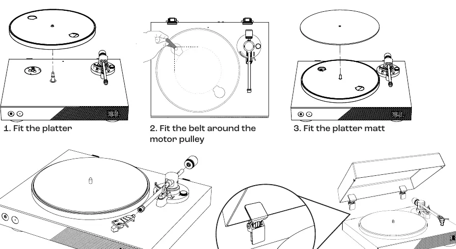 Step-by-step assembly of the turntable components.
