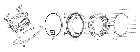 Exploded view of the speaker installation and mounting components.