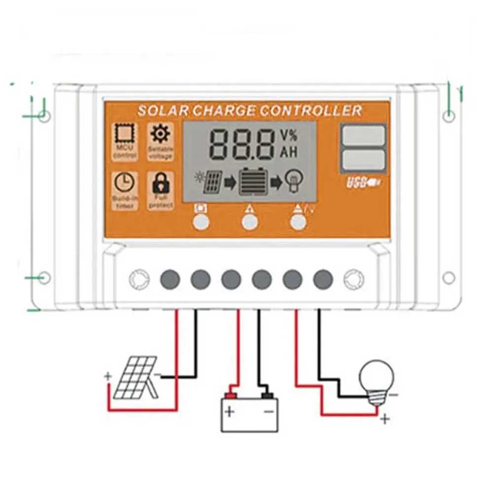 Wiring diagram showing connections for solar panel, battery, and load.