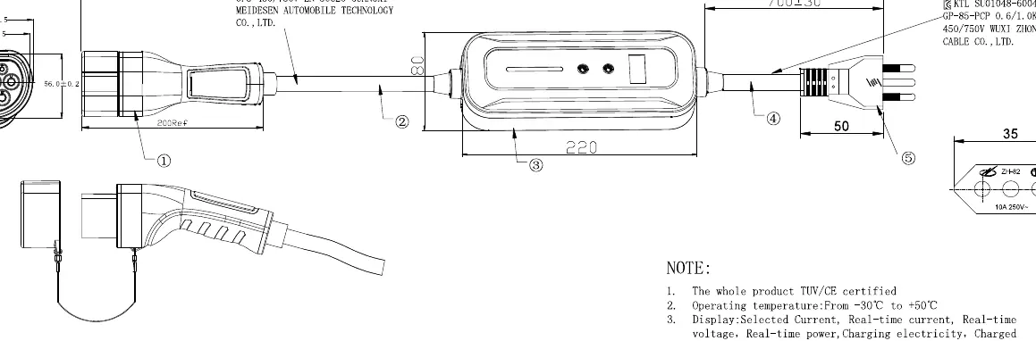 Technical drawing of the Roline Portable EV Charging Cable assembly