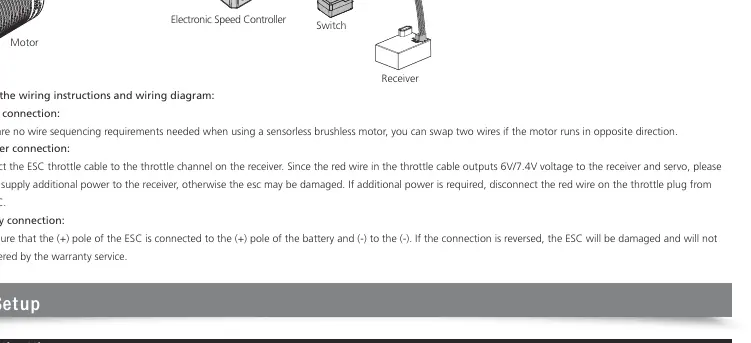 Wiring diagram for motor, receiver, and battery connections.