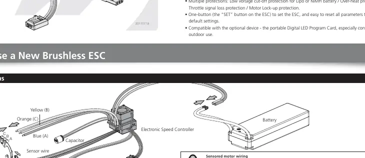 Wiring diagram for sensored and sensorless brushless motors.