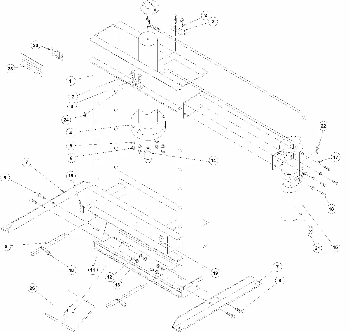 Exploded view of the hydraulic press assembly.