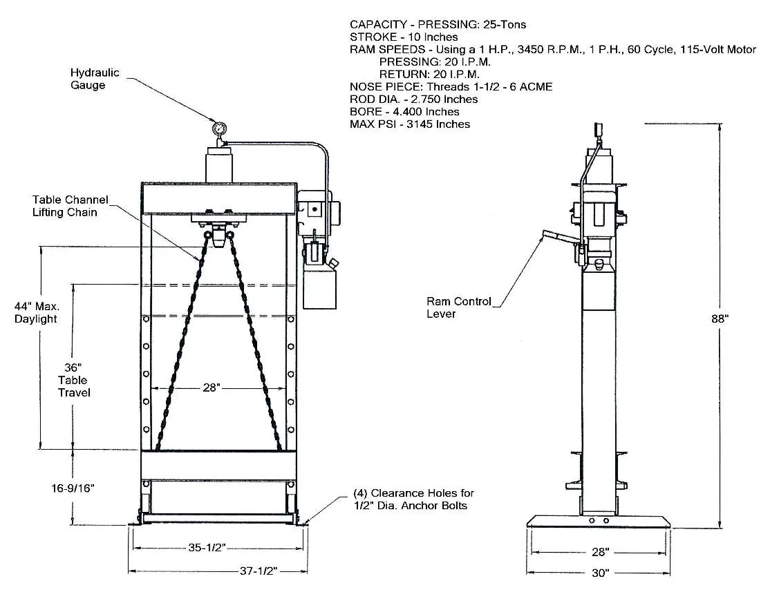 Force 25DA specifications and dimensions.