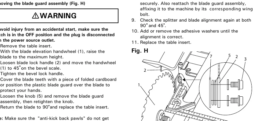 Aligning the blade guard splitter (Fig. H).