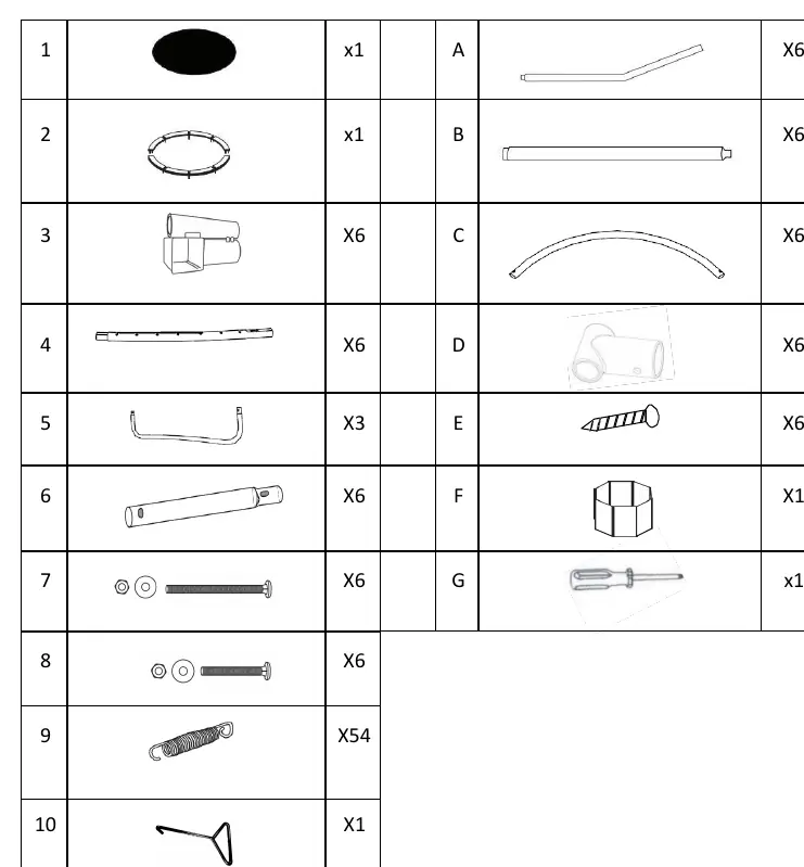 Parts list for the trampoline and safety net