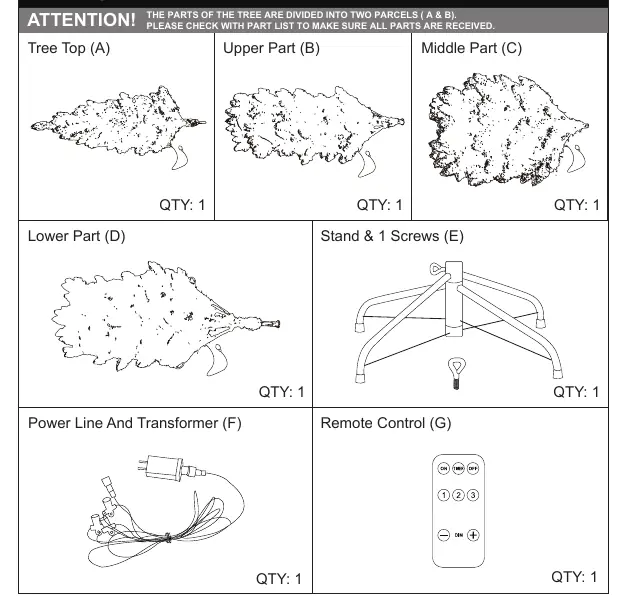 Parts list including tree sections, stand, power line, and remote control.
