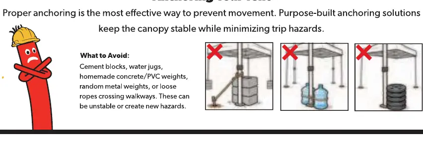 Correct anchoring methods using water bags versus incorrect improvised weights.