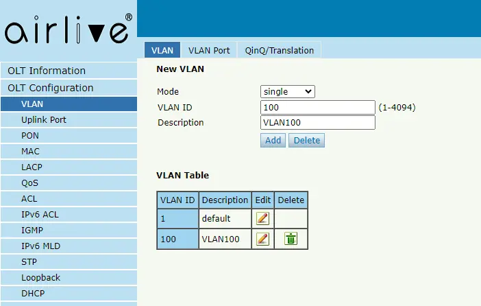 VLAN configuration interface