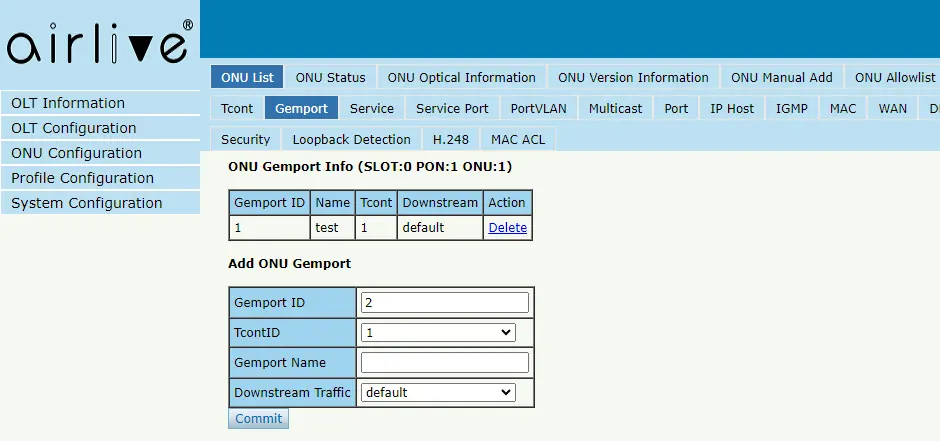 ONU List and Configuration button