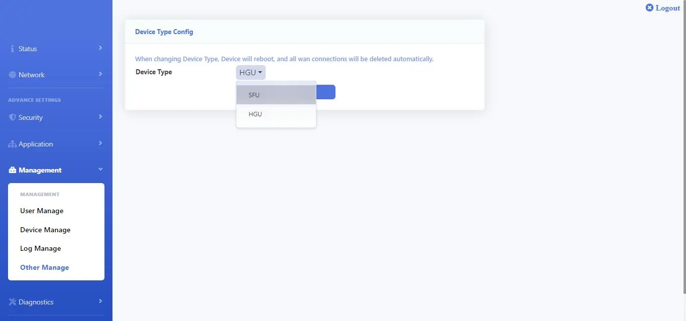 Device Type configuration (HGU to SFU)