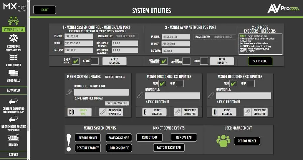 Mentor System Utilities interface.