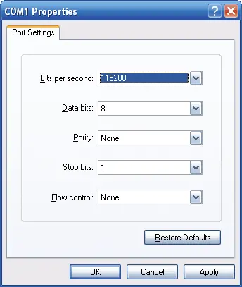 COM port configuration settings