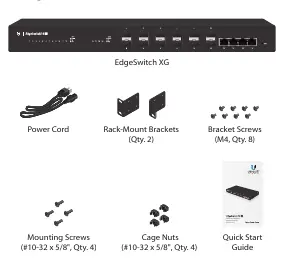 Package contents including brackets, screws, and power cord.