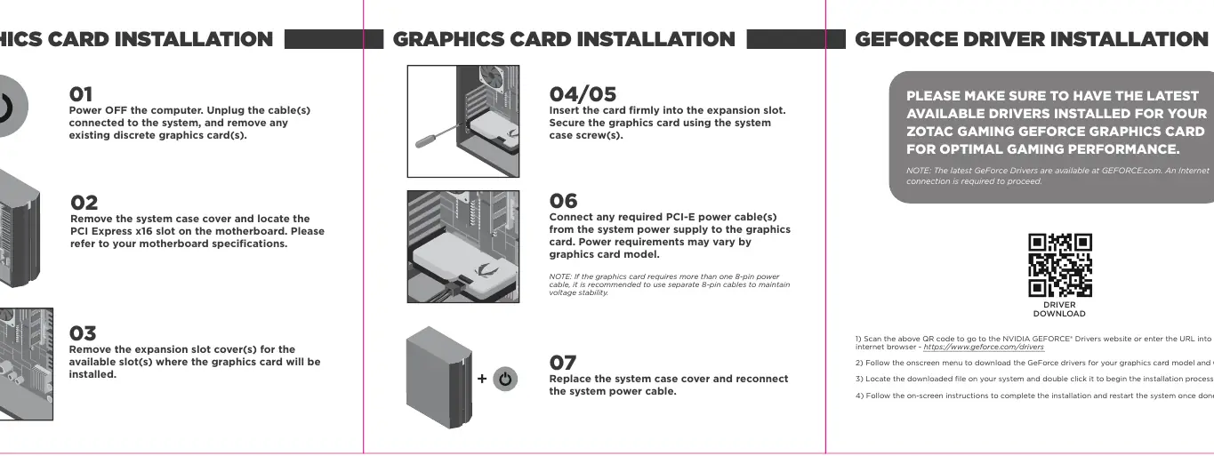 Step-by-step graphics card installation procedure.