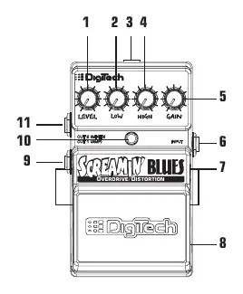 Control panel layout showing Level, Low, High, and Gain knobs, and input/output jacks.