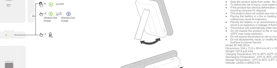 Operation diagram: Power button functions and wireless charging modes.